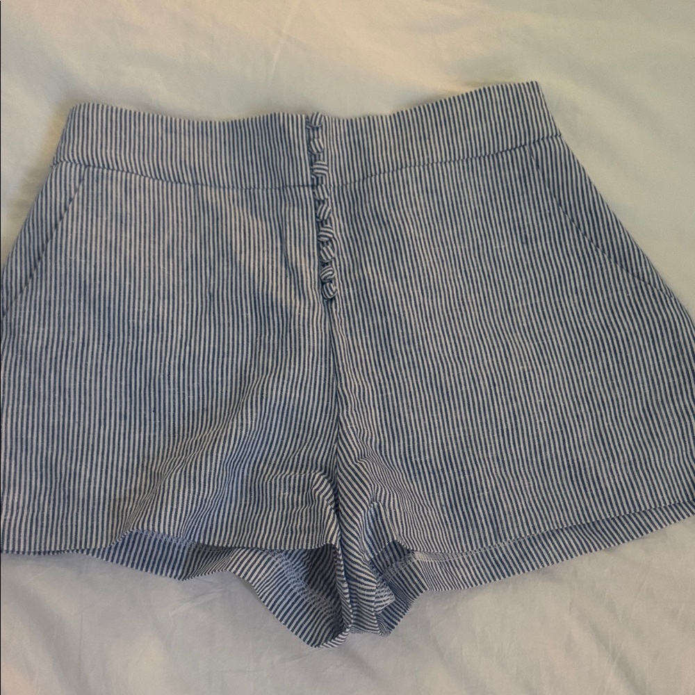 Olivaceous Blue and White Pinstripe High-Waist Shorts